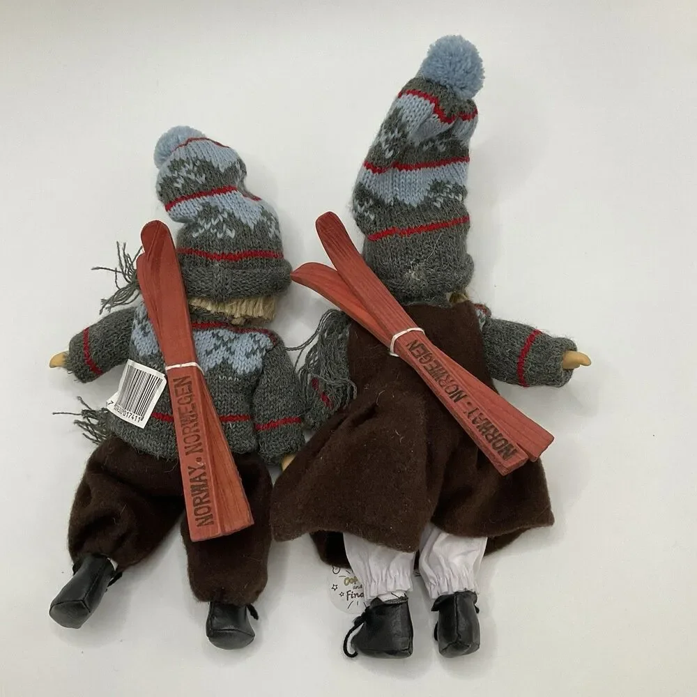 BVintage Norwegian Pair Porcelain Beanbag Boy & Girl Dolls Skiing Winter 12